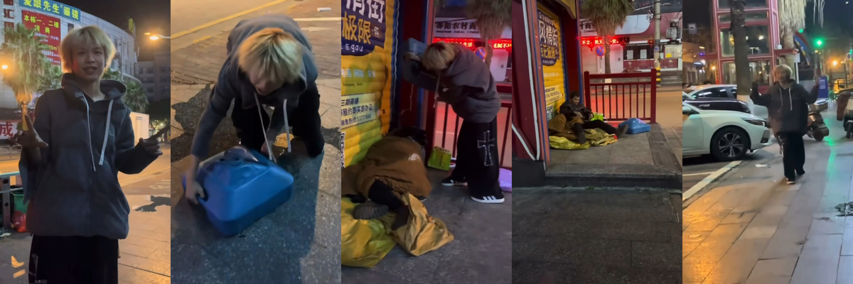 深夜闹市红灯笼下，染金发青年跪地欺辱无家可归流浪汉，畜生行径令人发指！ - 社会奇闻
